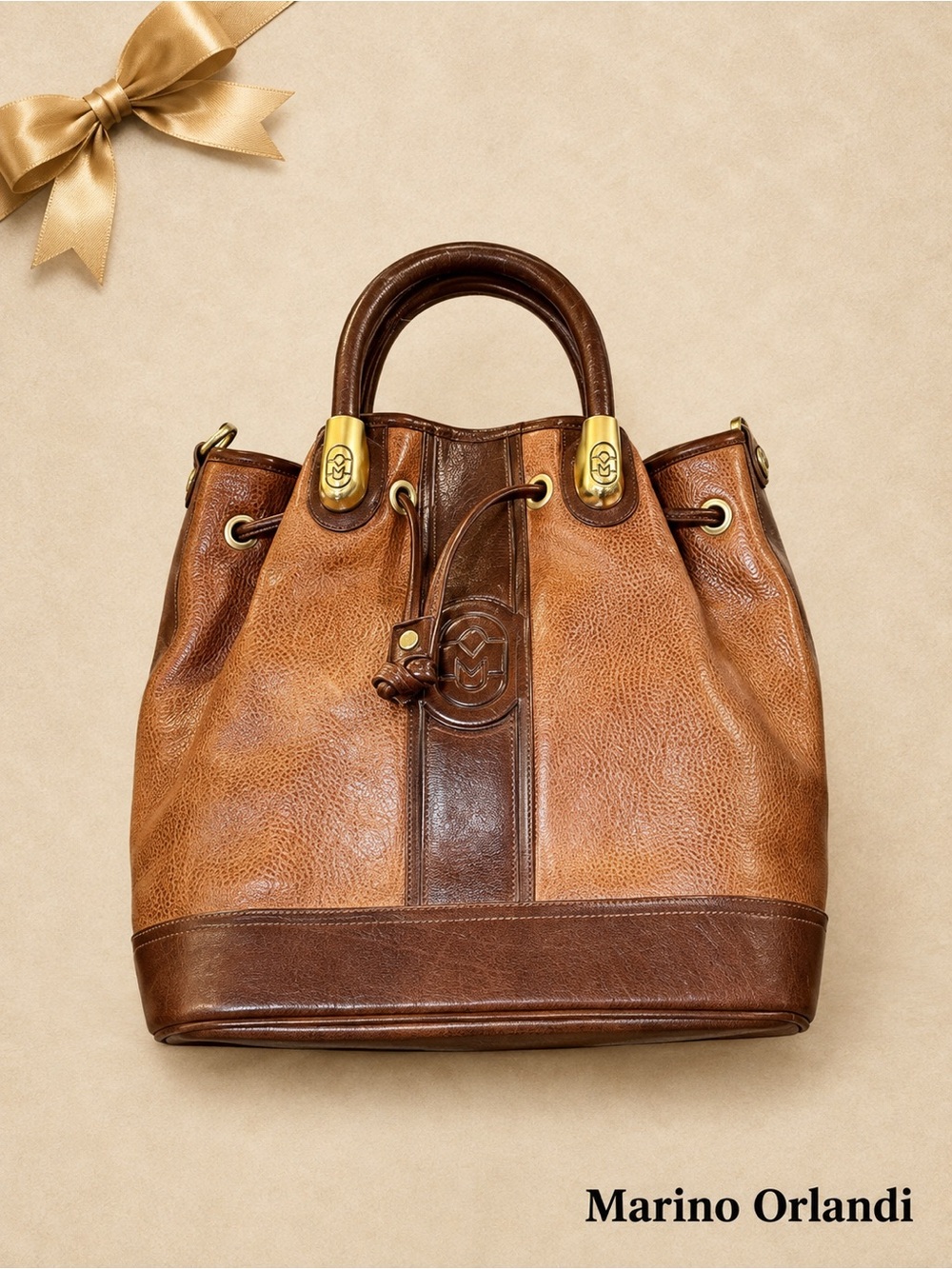 Marino Orlandi Brown Pebbled Leather Bucket Bag Gold Hardware